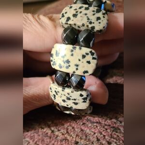 Dalmatian Jasper Stone, Black Hematite & Magnet Beaded Bracelet.  Magnet Closure